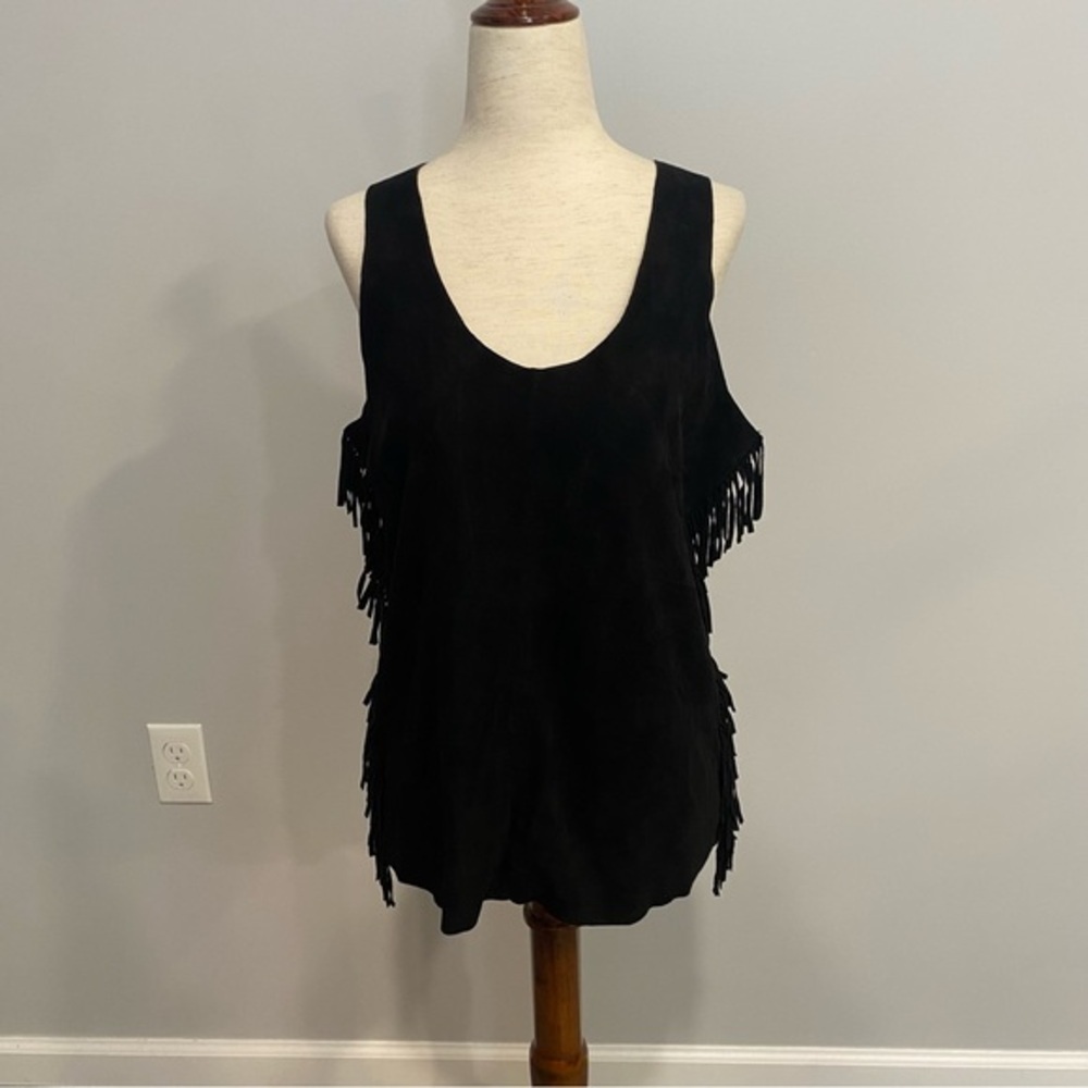 Walter Baker New York Suede Fringe Racerback Blouse Top Black Large